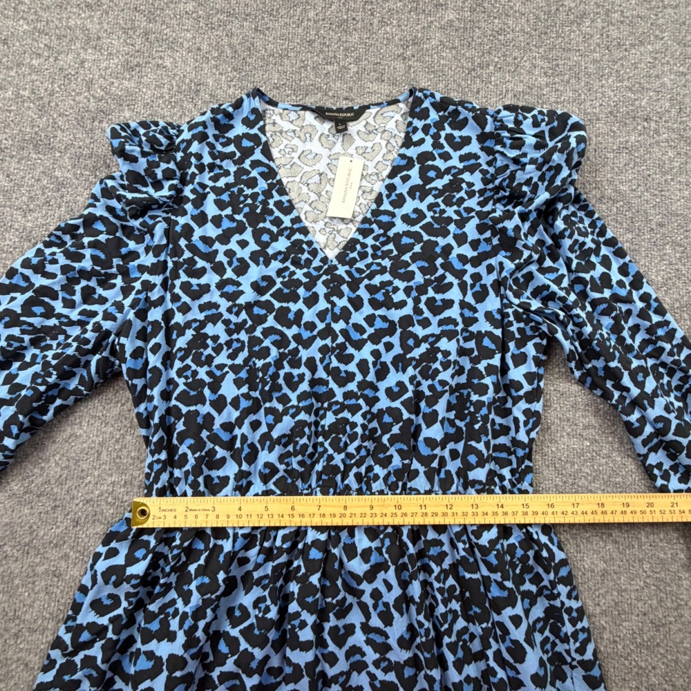 Banana Republic Blue Leopard Print Viscose V-Neck Midi Dress Puff Sleeve L NWT - Picture 7 of 10